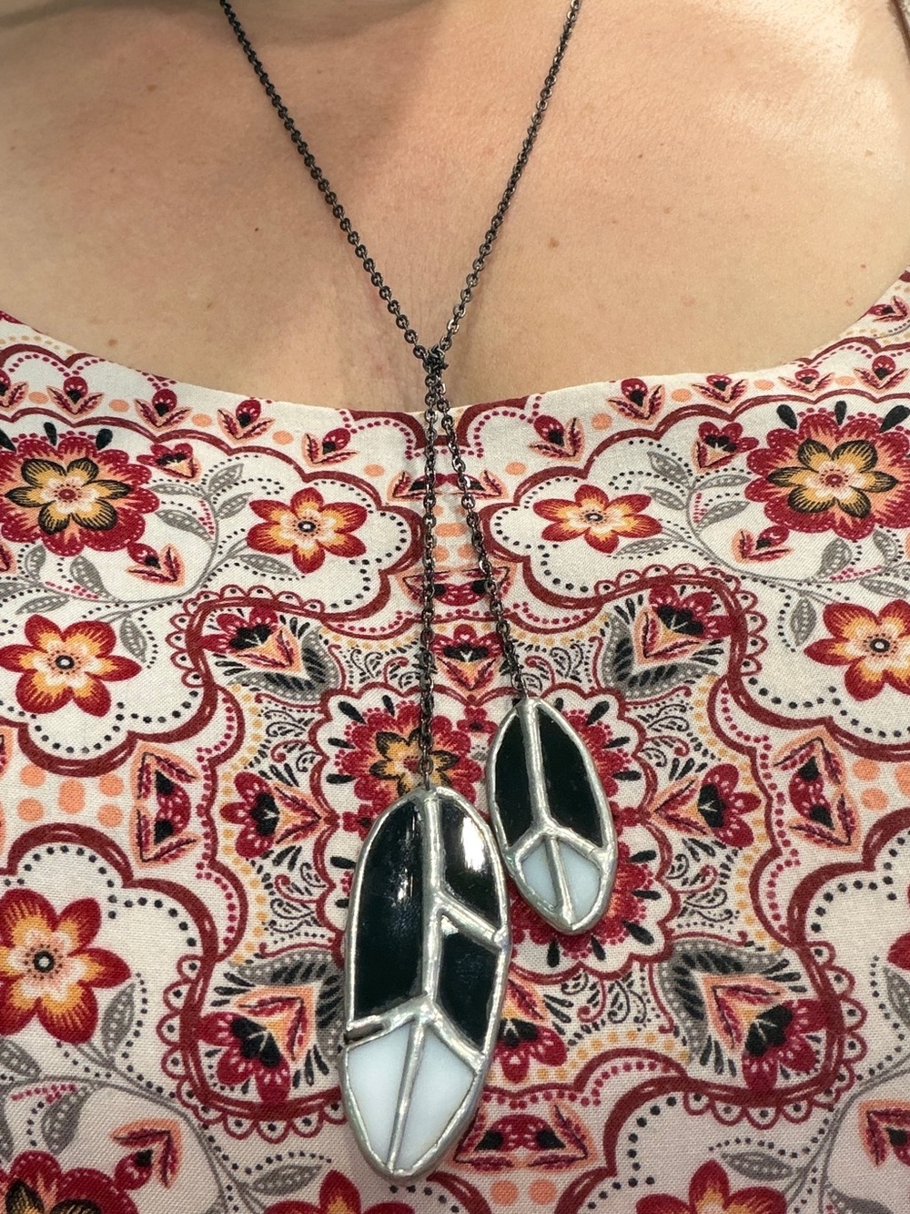 Hand Crafted Stained Glass Black and White Double Leaf Pendant Necklace
